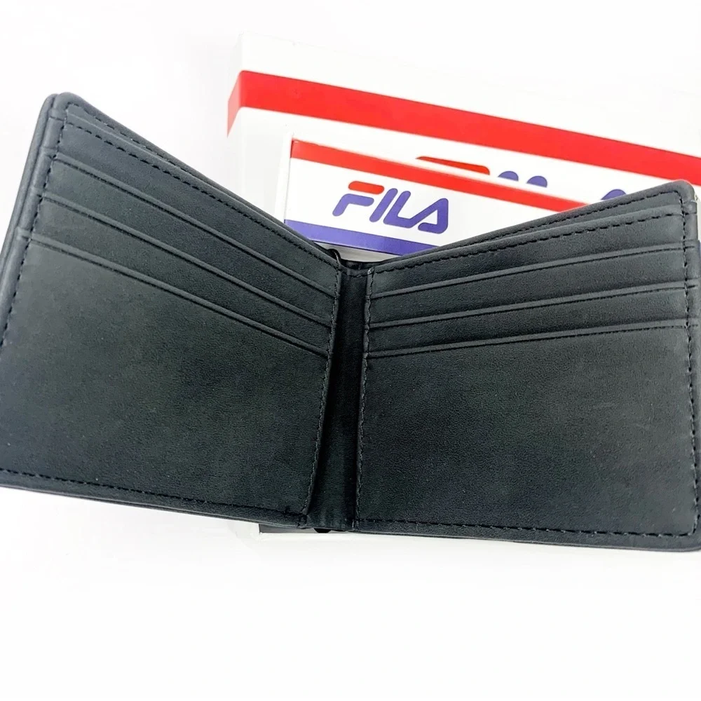 Fila Black Bifold Wallet w/ Blue & Grey Stripe • 9 Card Slots • Gift Box